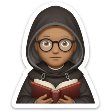 Monk priest prayer black habit with hood round black glasses done light brown wavy hair under hood remove the medallion smaller more round glassed age 46 no necklace more oval face hand holding book that says RB 480 top left is great add a little hair brown gray under hood  sticker