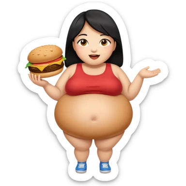 create a humongous asian girl with black hair, with 2 burgers and a cookie in her mouth, she is super obese, please make her a full body emoji, mega huge tummy   sticker