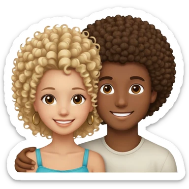 pareja, el chico rubio, caucásico, ojos marones claro, y con bonita sonrisa. La chica, morena de piel, rizada, rasgos afrodisíacos, linda y sonriente sticker