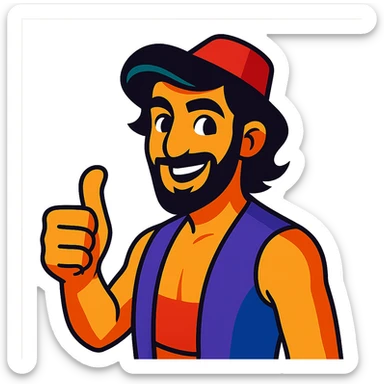 Arabian man in Aladdin style giving a thumbs up, vibrant colors, friendly expression sticker