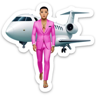 Josh King Madrid, digital entrepreneur and AI mogul, stepping off a glowing neon private jet onto a runway lined with stacks of cash, surrounded by beautiful swimwear fashion robots that resemble AI bot versions of Kim Kardashian sticker