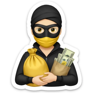 Ladrão com saco de dinheiro emoji efeito Mandela com pele amarelo com apenas a cabeça e os ombros aparecendo sem mãos sticker