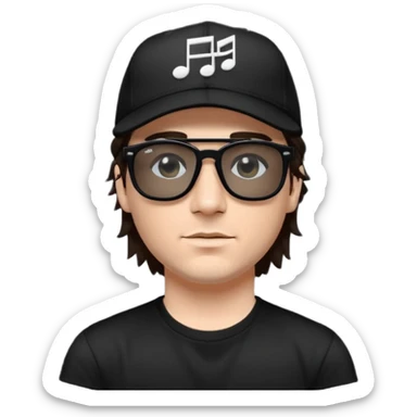 “Emoji of a white man with dark brown hair under a black baseball cap, wearing a black t‑shirt and 1980s‑style black Ray‑Ban rectangle sunglasses, with black musical notes floating around his head,  sticker