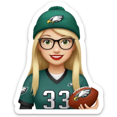 full length women wearing eagles uniform, long straight blonde hair, straight bangs, green eyes, black rectangle glasses, holding football, number 33, smiling, lipstick, eagles beanie sticker