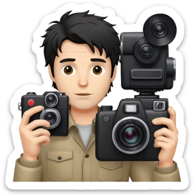 a white man with black messy hair holding a foto camera sticker