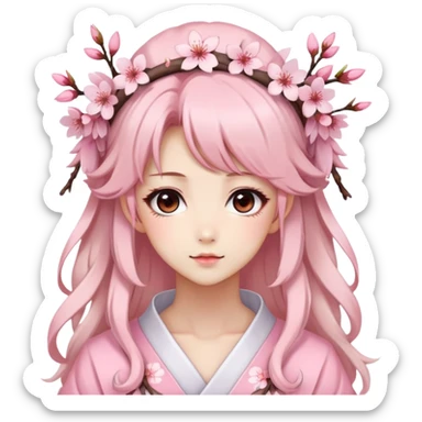 A Gorgeous Beautiful Anime Lady with a Sakura Cherry Blossom Headdress and Pretty Hair, pastelcore aesthetic  sticker