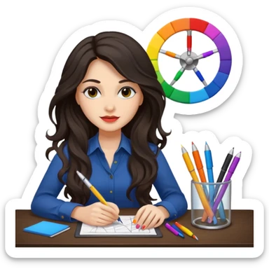 female dark wavy long hair graphic designer , color wheel, pens, papers , desktop sticker