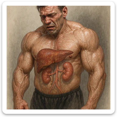  bodybuilder che fa dosaggi a caso di steroidi, e quindi sta male, iper realistica , fai fegato e reni in evidenza sticker