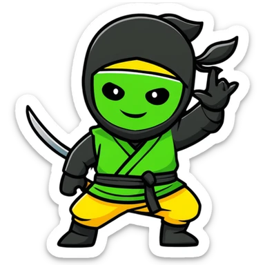 A confident ninja in yellow, green and black merged colors, smiling and saying "HI" sticker