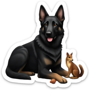 All black German shepherd with squirrel sticker