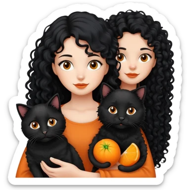 A girl with long black hair is holding a black cat, an orange cat and a curly-haired dog sticker