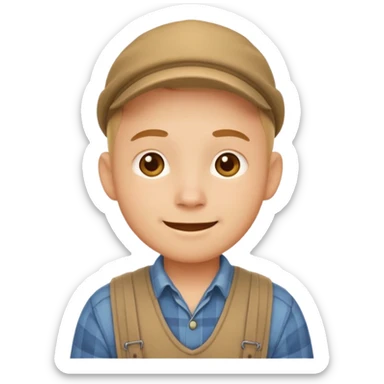 A calm, friendly male cartoon character with light skin, simple farm clothes, warm smile, stylized as a cute, readable emoji icon with soft earthy color sticker