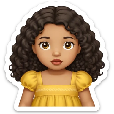light brown skin tone, very adorable toddler, with big plump lips, long long lashes, black curly hair, middle hair parting, brown eyes, yellow dress sticker