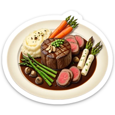 Medium rare Wagyu steak on a bed of creamy garlic mashed-potatoes, coupled with pan seared carrots mushrooms asparagus and a lovely black pepper truffle sause  sticker