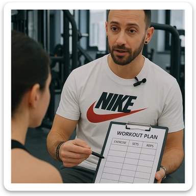 Personal trainer in a gym, inspired by the person in the reference photo, showing a workout plan to a client during a session, in a professional environment. sticker