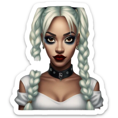 Jasmine Rihanna in Harley Quinn style, oil paint, mysterious eyes, intricate lips, masterpiece portrait, odd perspective, beautiful, desirable, logical sticker