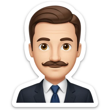 Caucasian gentleman emoji, brown slicked back hair, black suit, navy tie, mustache, smiling sticker