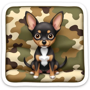 Miniature Pinscher Chihuahua mix with a dark coat lying on a camouflage blanket, big ears, playful look sticker