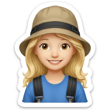 a young student girl with the backpack with bucket hat, blonde wavy long hair sticker