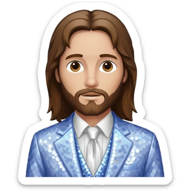 Jesus Christ from Christian Mythology with long brown hair, white sequin suit jacket, periwinkle shirt with white tie sticker