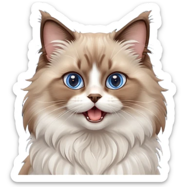 cinematic-adorable-big-eyed-fluffy-brown ragdoll-cat-portrait-emoji,-head-tilted-playfully-with-a-cute,-yawn,-soft-brown-and white-colored-fur-with-darker-points-on-the-ears,-simplified-yet-irresistibly-cute-features, sparkling blue eyes sticker