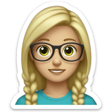 Create a green-eyed blonde girl with glasses and a blue top sticker