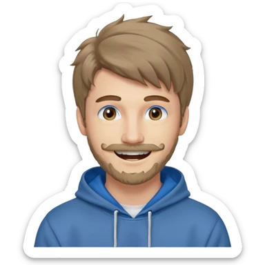 20 year old man, short scruffy beard and thin moustache, brown puffy mullet, blue eyes, big smile, white teeth, big lips, pronounced jaw, hair longer in back, sticking up on top, thin face, grey hooded sweatshirt, pale skin, big smile, blue eyes, puffy hair that is long in back sticker