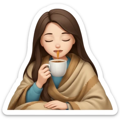 Brunette girl long hair inside a beige blanket sipping coffee eyes closed sticker