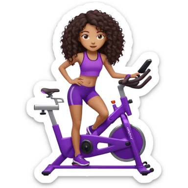 African American girl with long dark brown curly hair, purple workout set leaning on a indoor spin bike with NO HELMET,  sticker