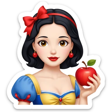Cinematic Realistic Snow White Portrait, depicted with lifelike skin texture, soft natural lighting, and intricately detailed black hair styled with a red ribbon. Her soft brown eyes radiate innocence and kindness, complemented by a warm, gentle smile. She holds an apple in one hand, her other hand resting against her cheek, embodying her purity and charm. She is dressed in her classic yellow, blue, and red gown, the fabric rich in texture with delicate folds that catch the light beautifully. The portrait features a soft, natural glow with a radiant finish, capturing the essence of timeless beauty in a realistic and painterly style. sticker