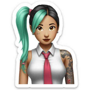 An Asian girl with long mint colored twin ponytail wearing a sleeveless silver shirt, a mint colored tie, and a black flared arm sleeve with a red 01 tattoo on her left arm has a pink square with a black border running through each ponytail sticker
