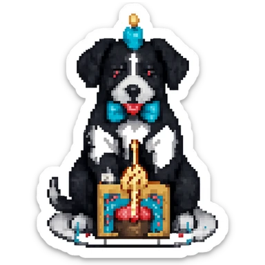 Change the dog's fur color to black and white while preserving the pixel art style look. Remove the background. sticker