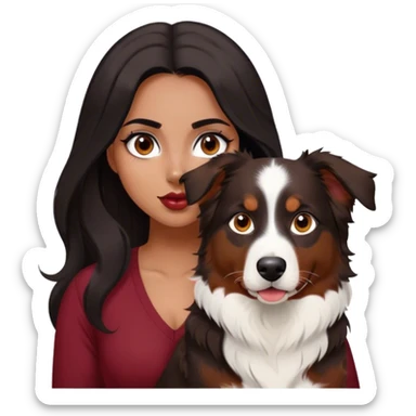 One latina girl with long beautiful dark hair and dark eyes in a dark red v neck and makeup with her black tri colored  Australian shepherd large sticker