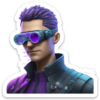 Secret human agent with  cyberpunk elements with a spyglass scanning looking reviewing multicolor lines of code, cyan and purple colors, only upper body portrait sticker