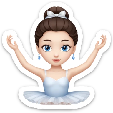 Realistic Ballerina Portrait, with porcelain-like skin featuring a natural rosy flush, illuminated by soft lighting that highlights the gentle contours of her face. Her Brunette hair flows in soft, Her deep blue eyes radiate warmth and innocence, framed by arched brows and long lashes. sticker