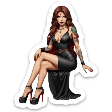 Lilith symbol red eye seductress evil long brown haired sexy succubus woman with leather long dress with slit, sitting in Big Large F350 pickup truck. Black Platform high heels on feet. Tattoo sleeve arms, seat full of stacks of cash, and a man dead human skull of her enemies and a gun in other hand sticker