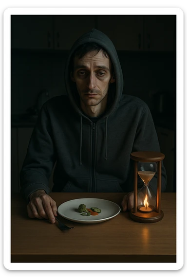Slim man in his 30s sitting at a table with a tiny portion of food, looking tired and cold, wearing a hoodie indoors. Pale skin, low energy expression, dark circles under eyes. His plate has only a few vegetables and no protein or carbs. Dim kitchen background, slow metabolism symbolized by a dimmed internal flame or sluggish hourglass near him. sticker