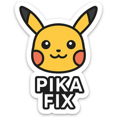 Adjust the icon so that there is very little space between Pikachu's head and the text below. Change the text 'PIKA' and 'FIX' to white color. The icon should be clear and cute with a transparent background. sticker