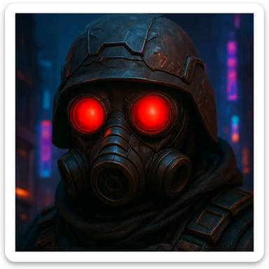Add a helmet and zoom in on the face of the post apocalyptic soldier wearing a gas mask with red eyes, keep the gritty style, detailed and intense atmosphere. sticker