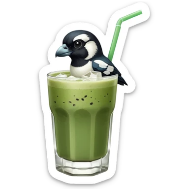 It’s an Australien Magpie sitting on an iced matcha latte on the edge of the glass. It has green matcha on its beak indicating it drank. The iced matxha latte is in a see through glass and white from the oat milk on the bottom and green on top…and there is a straw in the drink and ice cubes sticker
