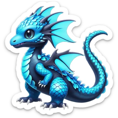 Multicolored dark shiny bioluminescent glowing black and cyan and blue gloomy spooky cute adorable scales-covered pretty cool elegant realistic abyssal exotic Fakémon-Pokémon-Digimon-Trico, full body sticker