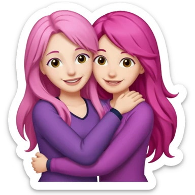 Surprisingly goofy once they open up. Strong, loyal, and incredibly supportive — but still hates wasting time. one woman long pink hair hugging another woman with dark hair sticker