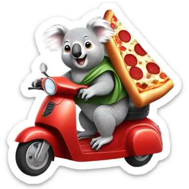 Koala on a scooter delivering pizza to a llama in a superhero cape sticker