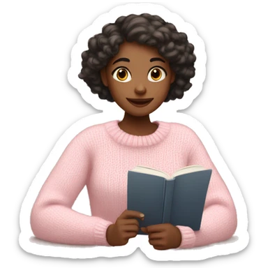Pretty girl with light pink sweater reading cozy sticker