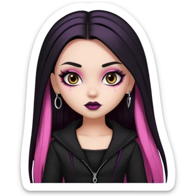 goth bratz baddie, beautiful brown eyes, gothic black makeup, long straight black-pink hair, black gothic hair styled, black goth clothes sticker