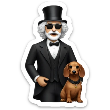 Jerry garcia with a daschund that is dressed in a tuxedo with a tophat sticker