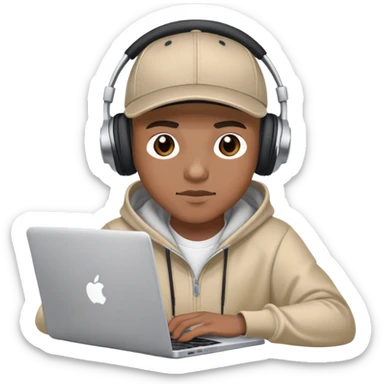 rapper developer with hoodie, baseball cap, headphones and laptop coding sticker