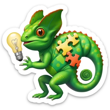 cameleon qui tien une piece de puzzle dans une main et une ampoule dans l'autre et un cerveau sur la langue sticker