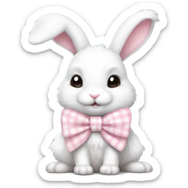 Adorable fluffy white rabbit with pastel pink gingham bow sticker