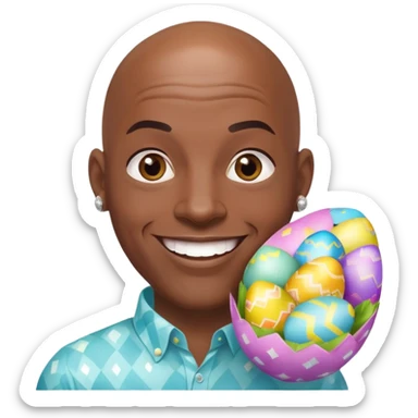 smiling bald African American man with diamond stud earrings popping out of an Easter egg sticker